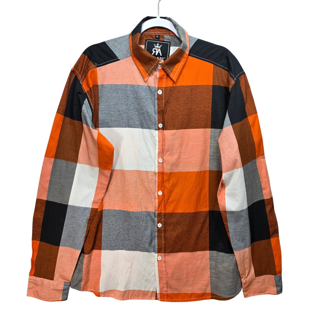 Red Ape Button Down Shirt Mens XL Plaid Color Block Orange Brown Long Sleeve